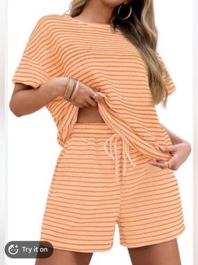 Striped Two-Piece Lounge Set in Peach & White